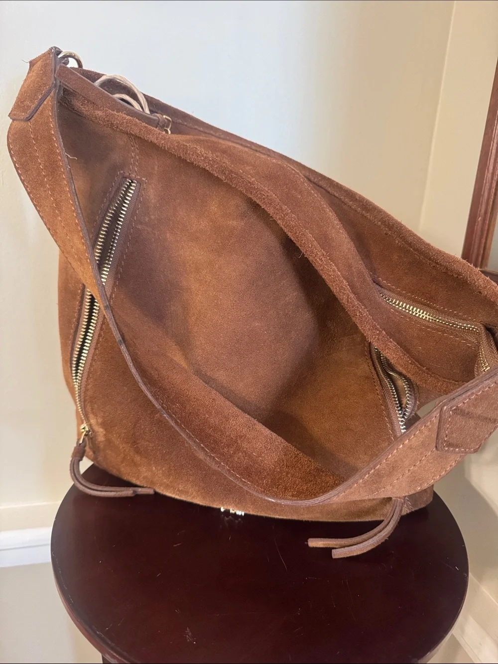 Brown Suede hobo Bag with Zippered Pockets
